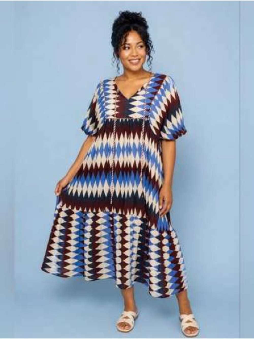 G&Co Diamond-Print Puff-Sleeve Midi Dress in Blue, Rust & Cream - Picture 7 of 7